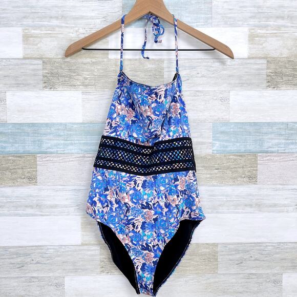 H&M Watercolor Floral Lattice Trim One Piece Swimsuit Blue Tie Neck Womens 10 - Picture 1 of 5